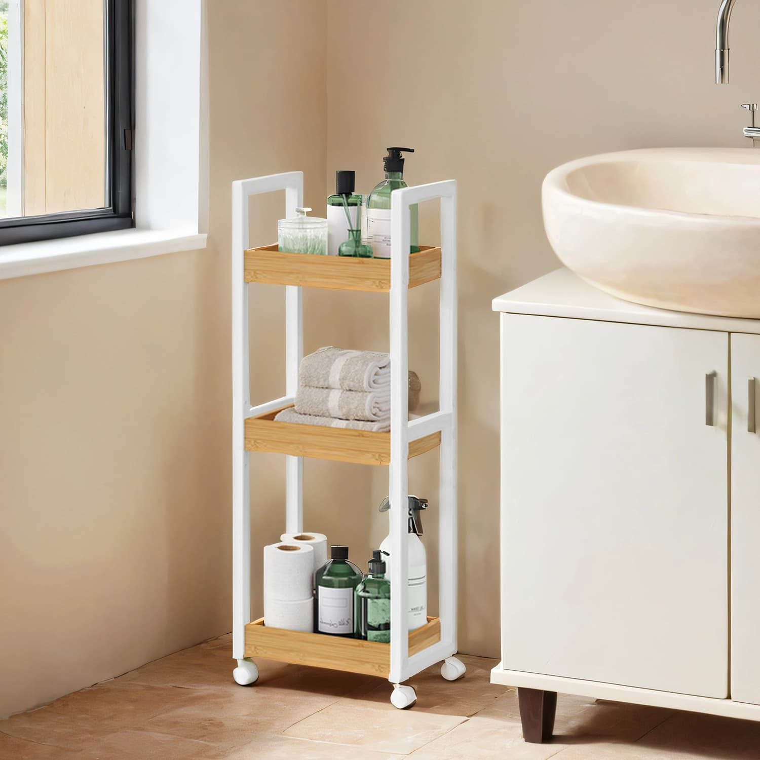 Badkamer trolley – bamboe – wit-natuurlijke kleuren