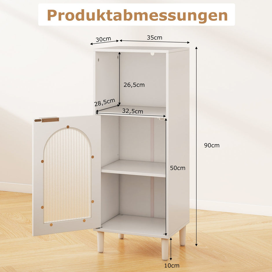 Badrumsskåp – Smalt badskåp med öppen hylla och glasdörr Badkommod i trä justerbar – 35 x 30 x 90 cm – Vit