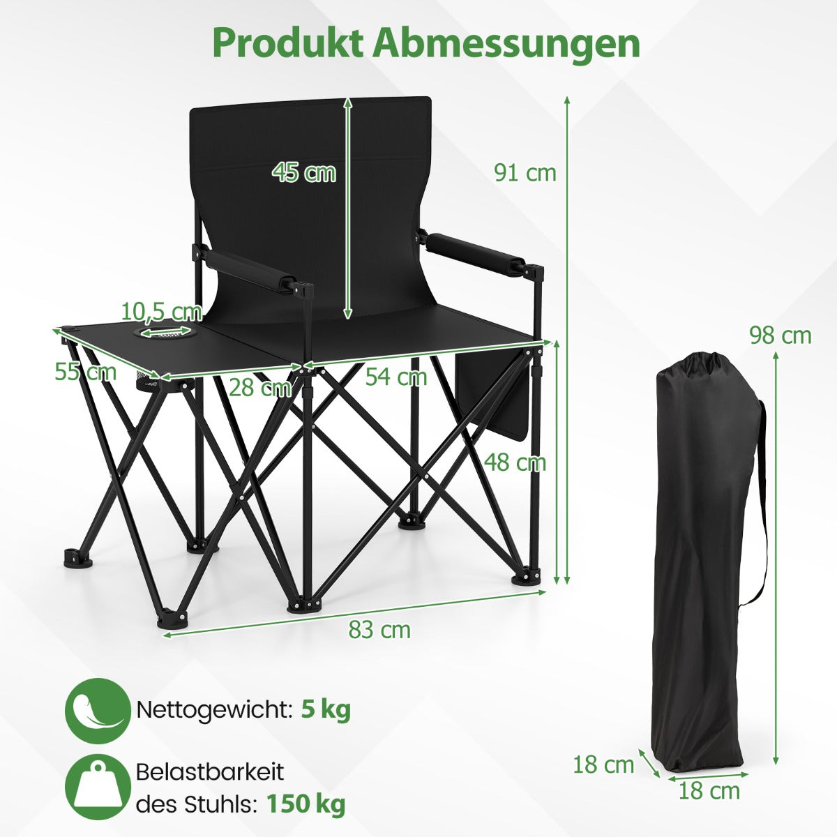 Fällbar – campingstol pack Klappstol med sidobord, mugghållare och sidoficka – 2 – Svart