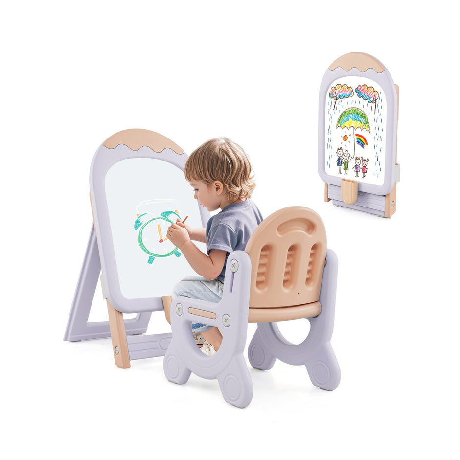 Barnstaffli – med stol, justerbart och hopfällbart barnbord whiteboard förvaringslåda – Lila