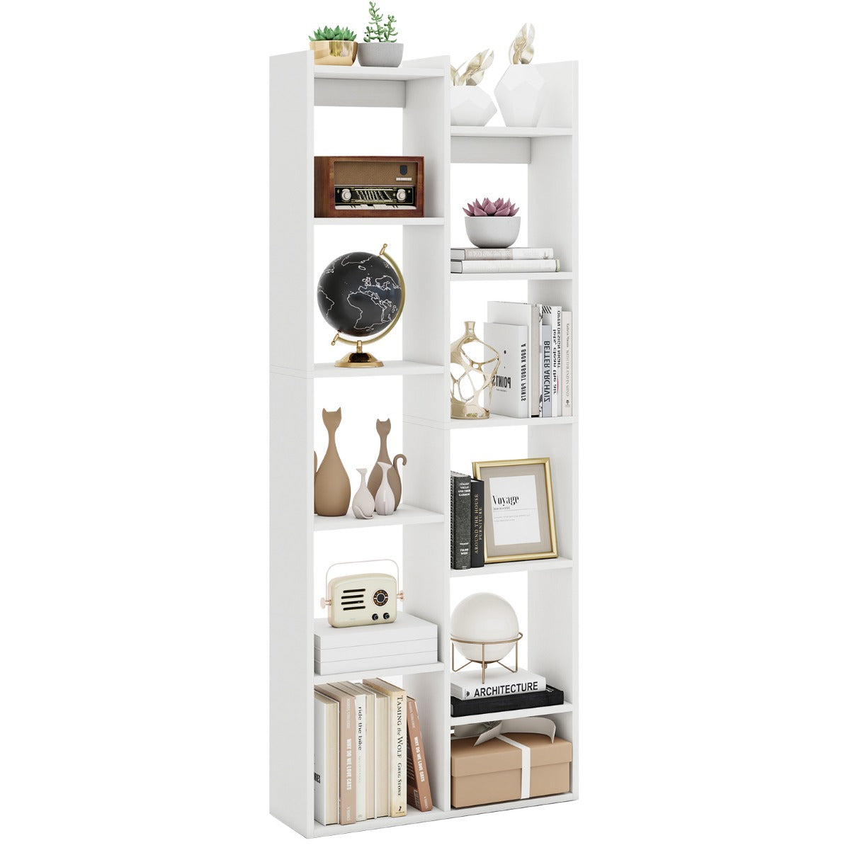 vånings – bokhylla displayställ med anti tipp säkringar, trädformad stående – 12 65 x 20 x 162 cm – Vit
