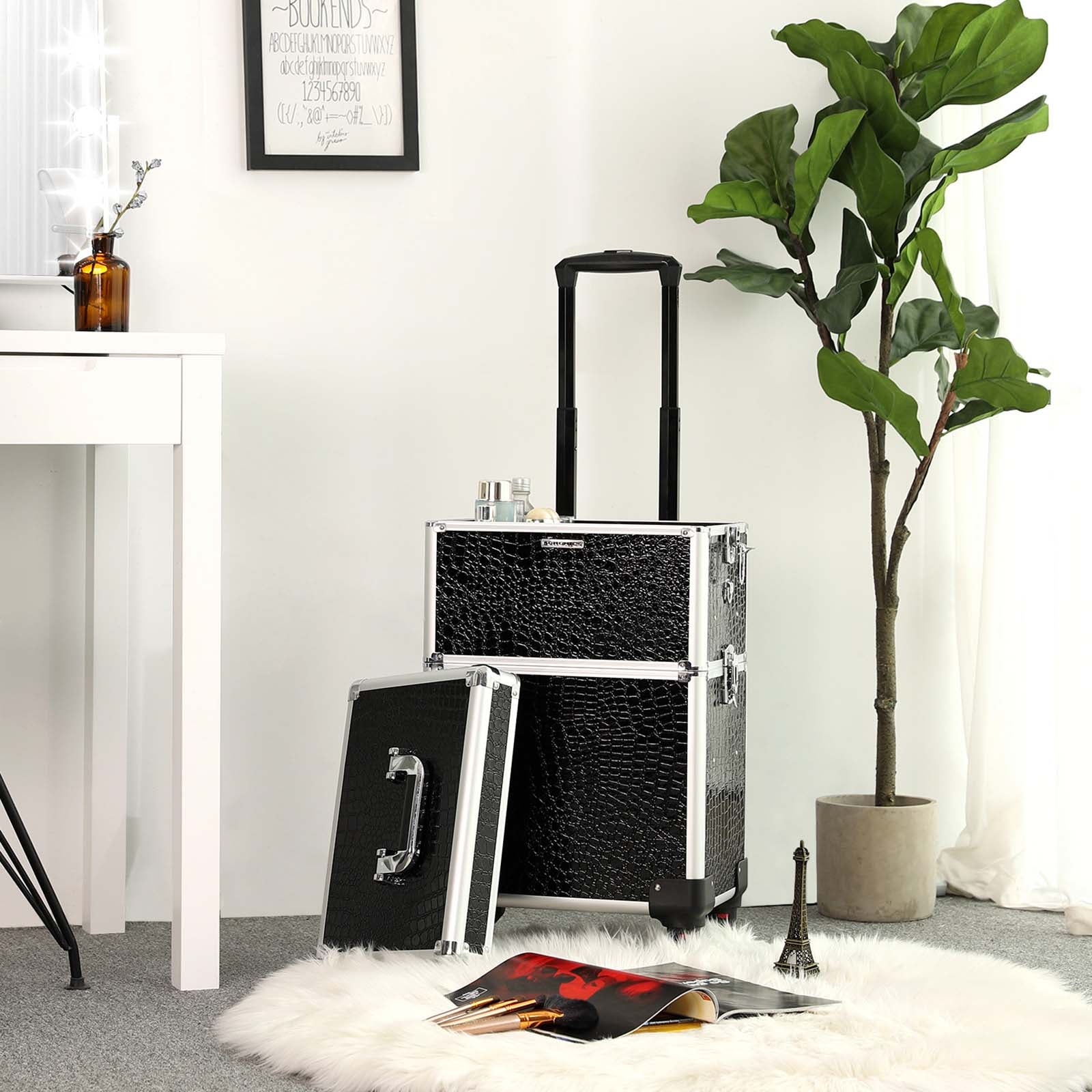 Cosmetische trolley – 2-in-1 – zwart krokodilpatroon