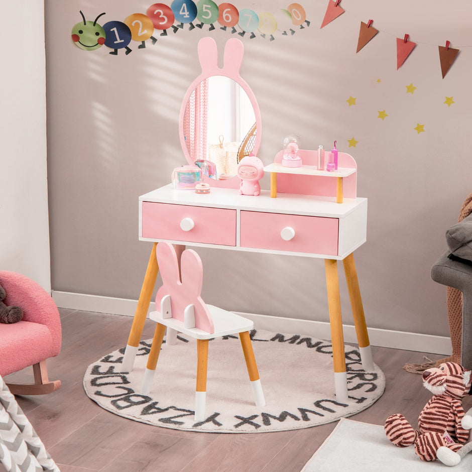 i – sminkbord och stolsset för barn med spegel lådor förvaringshylla – 2 1 2 – Rosa