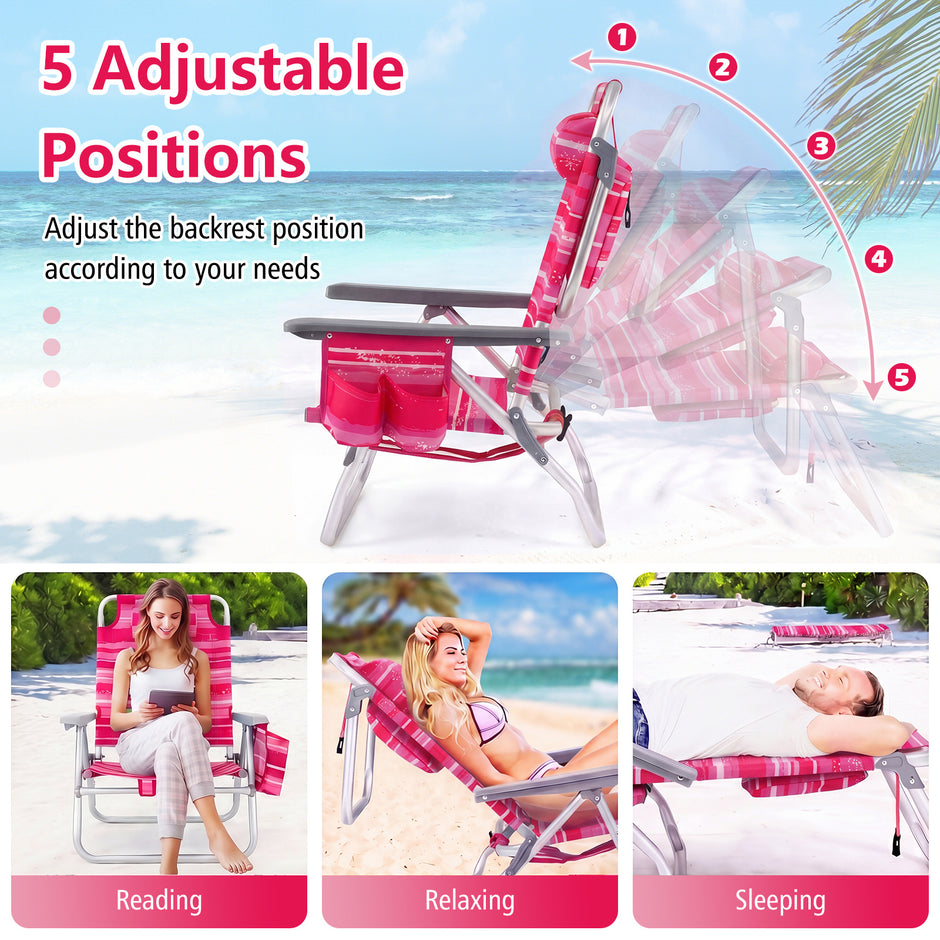 pack – strandstolar med bord, hopfällbara campingstolar justerbart ryggstöd – 2 – Rosa