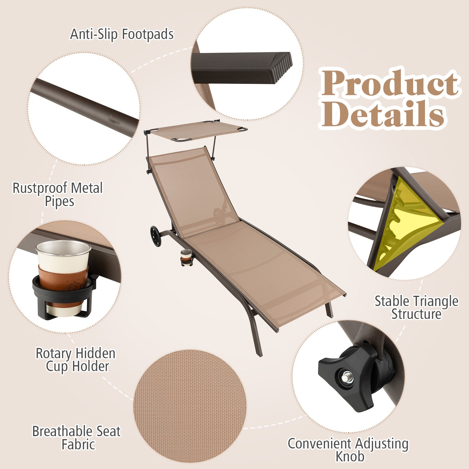 pack – terrassolägen utomhusstol med hjul metallbädd – 2