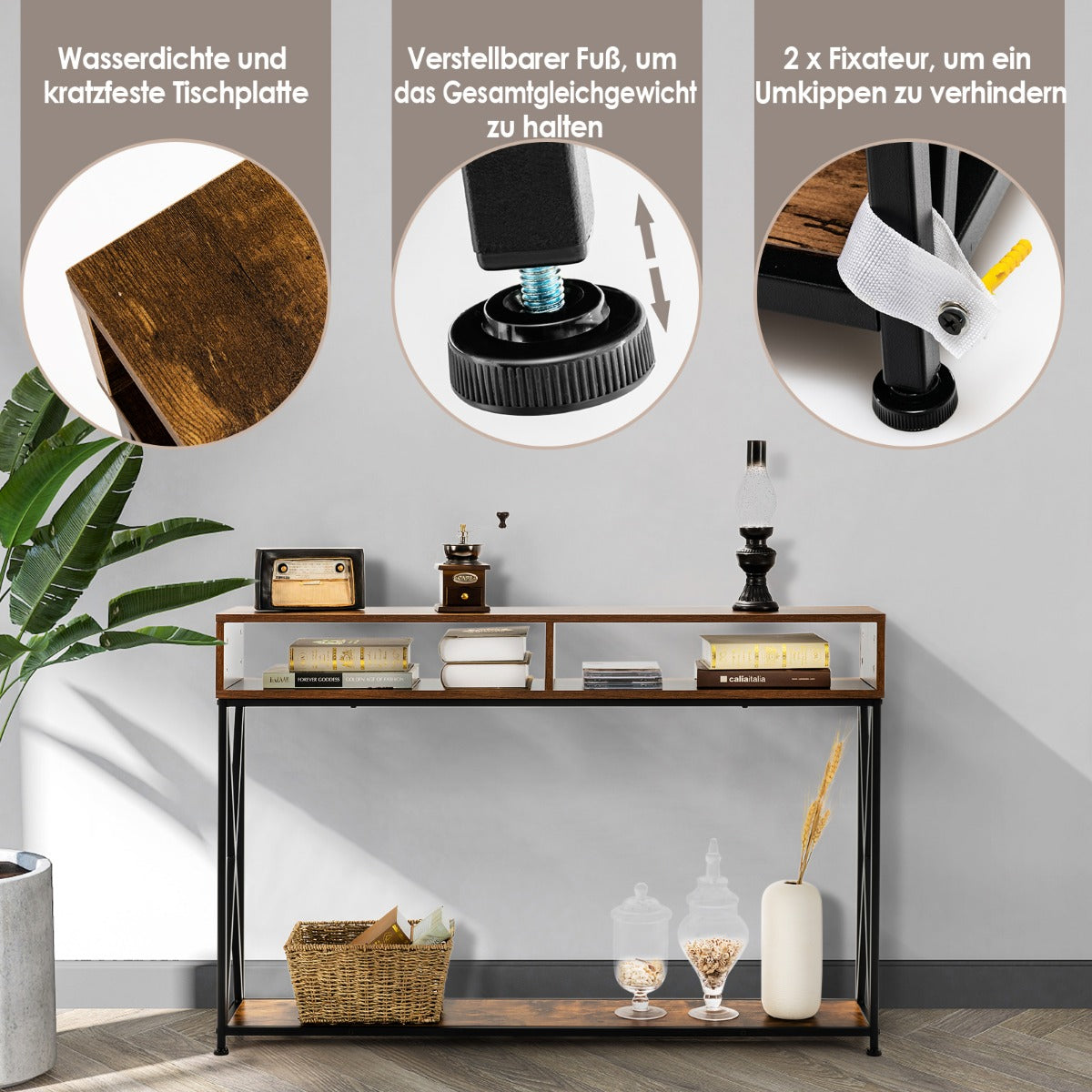Brunt – konsolbord med öppen hylla och stålstomme – 120 x 23 x 79 cm – Brun