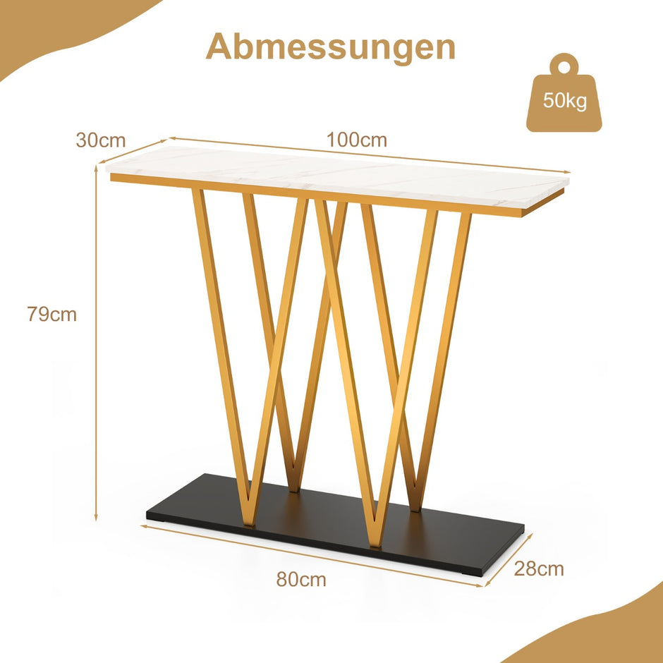 Konsolbord – med marmorutseende och metallram, hallbord, smalt sidobord, entrébord – Vit