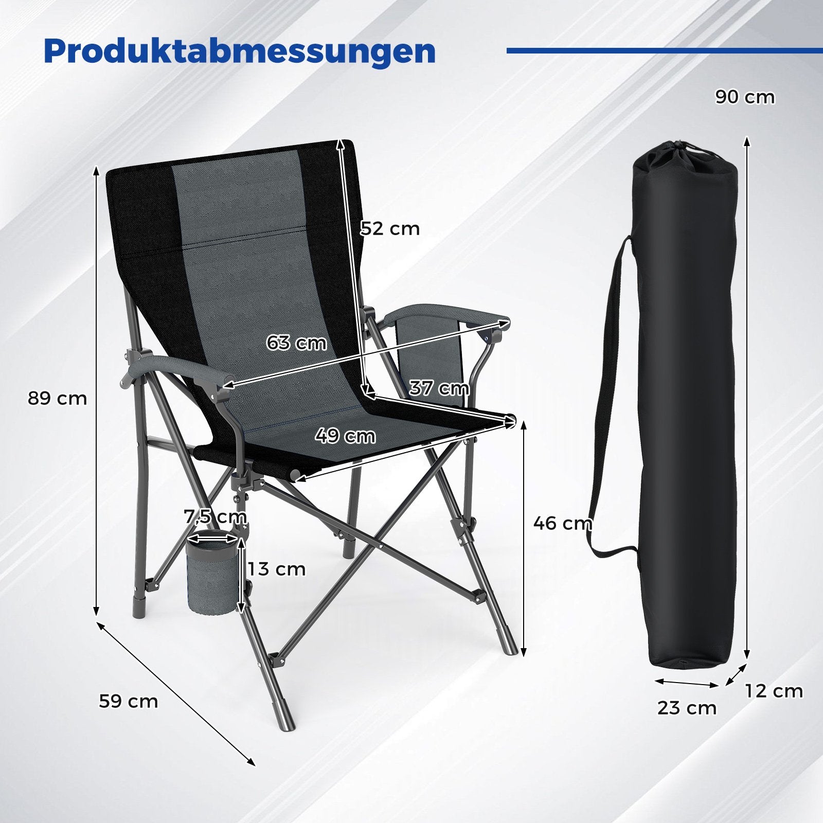 Campingstol – hopfällbar Klappstol med mugghållare och sidoficka fiskestol bärförmåga – 1 x 160 kg – Svart