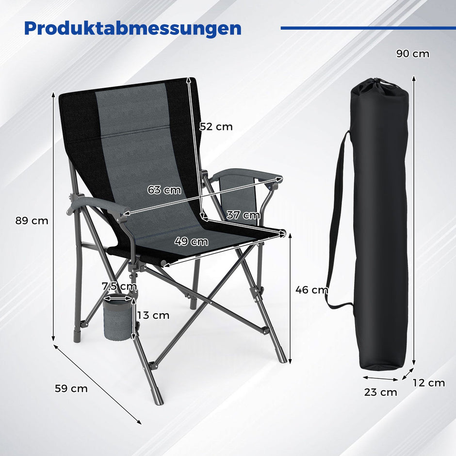 Campingstol – hopfällbar Klappstol med mugghållare och sidoficka fiskestol bärförmåga – 1 x 160 kg – Svart