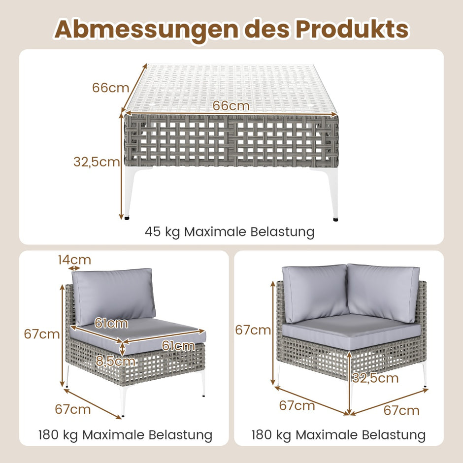 Delat – Rattan Trädgårdsmöbel Set Balkongmöbel med sitt och ryggkuddar Trädgårdsgarnitur – 5 – Grå