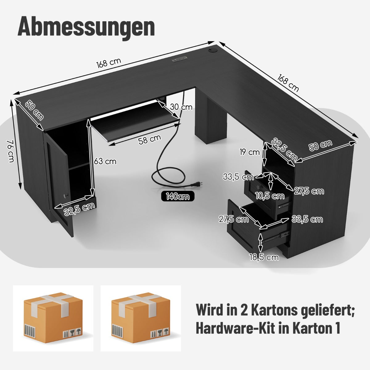 L – formad skrivbord med laddstation och tangentbordsutrymme lådor – 2 – Svart