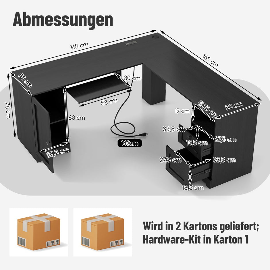 L – formad skrivbord med laddstation och tangentbordsutrymme lådor – 2 – Svart