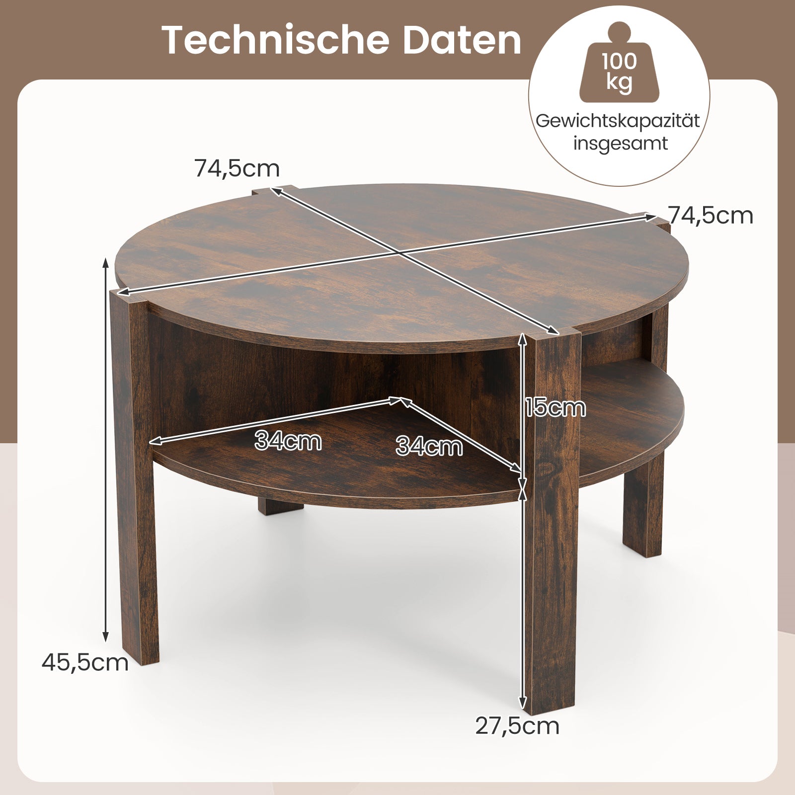 Rund – soffbord med förvaring vardagsrumsbord i trä hyllor kaffebord sidobord för – 4 – Brun