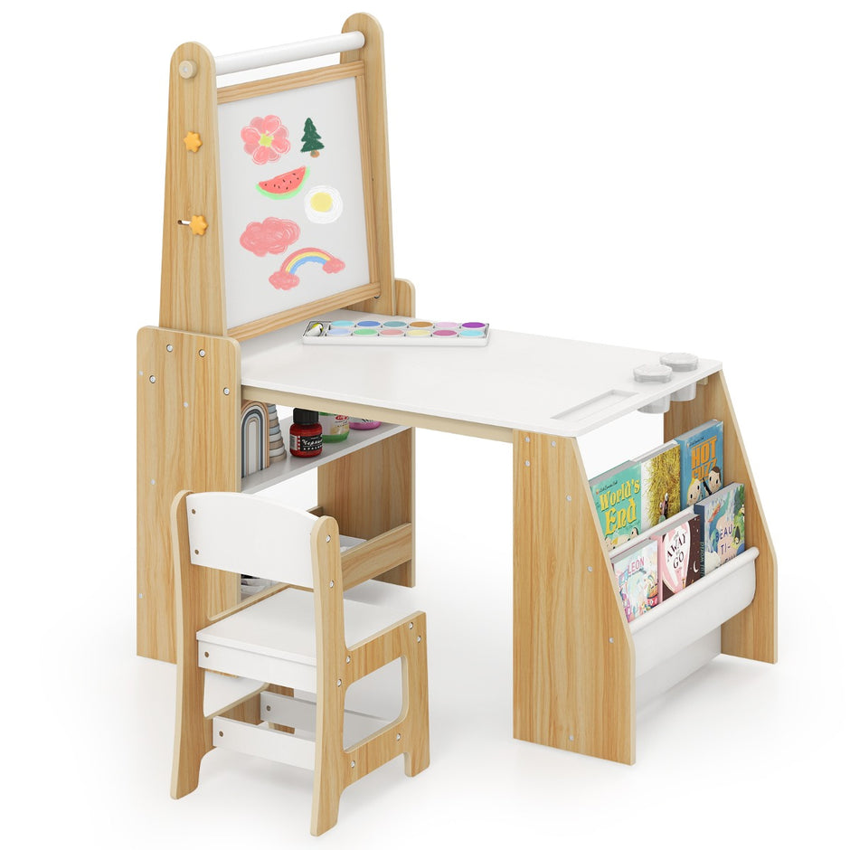 Barnkonstbord – och stol set multifunktionellt barnbord med staffli whiteboard griffeltavla – Natur