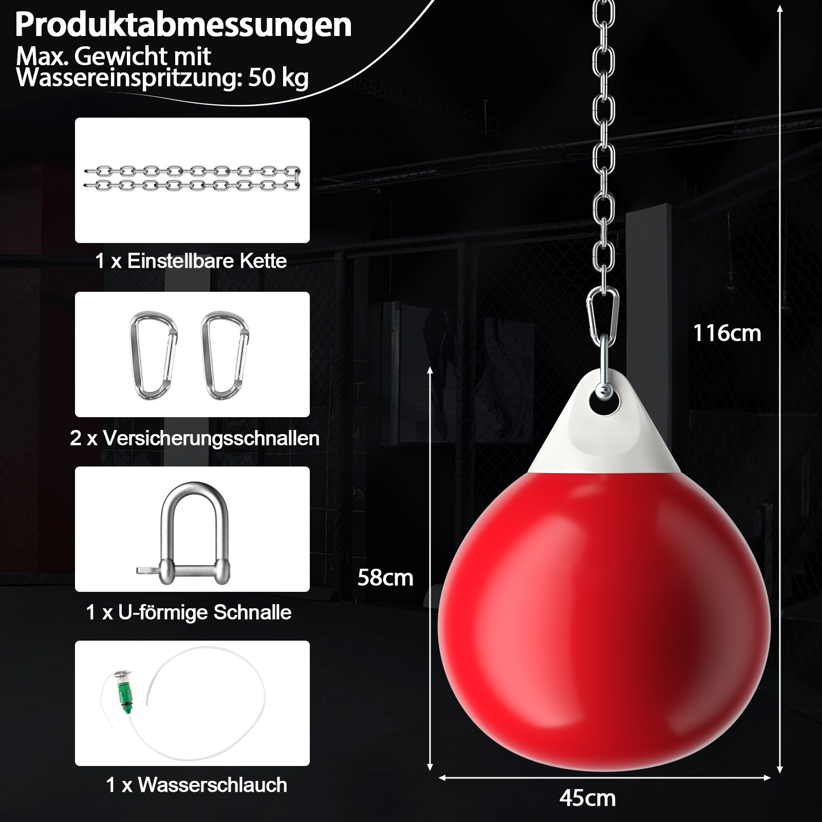 Vattensäck – Boxningssäck med justerbar metallkedja – 50 kg Ø 45 cm – Röd