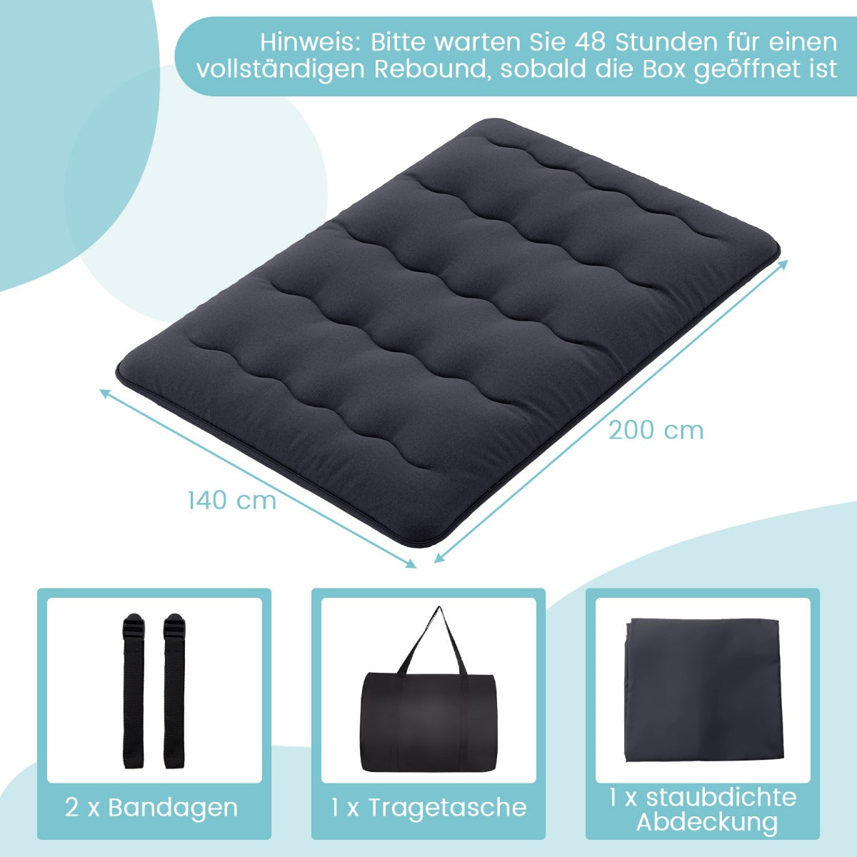 Japansk – futonmadrass med tvättbart överdrag och bärväska Tatami matta – 140 x 200 cm – Svart