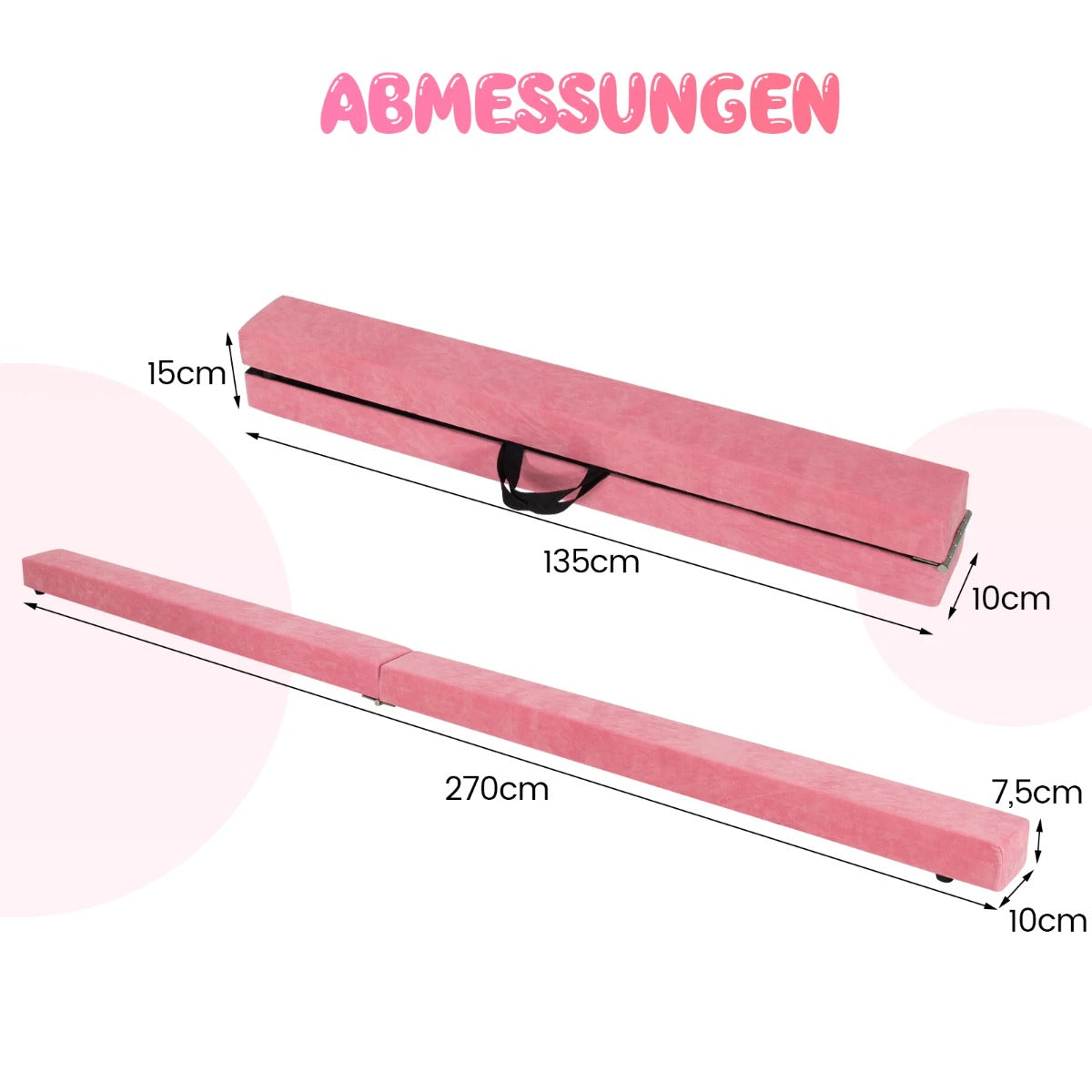 Balansbom – för barn, hopfällbar gymnastikbom med bärhandtag – 270 cm – Rosa