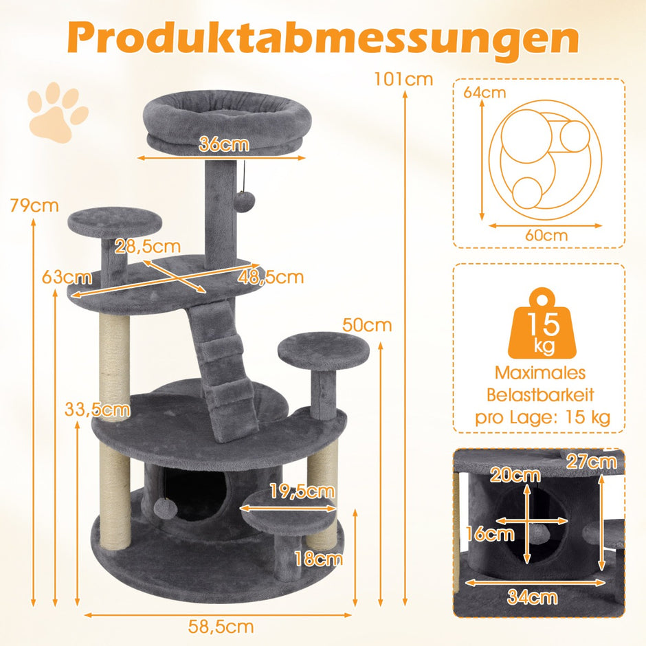 Liten – klösträd med kattgrotta och boll stege trä – Grå
