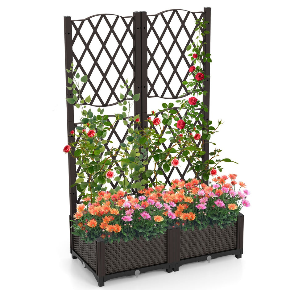 Blomlåda – med spaljé, planteringslåda för klätterväxter, högbädd – 80 x 40 x 122 cm – Brun