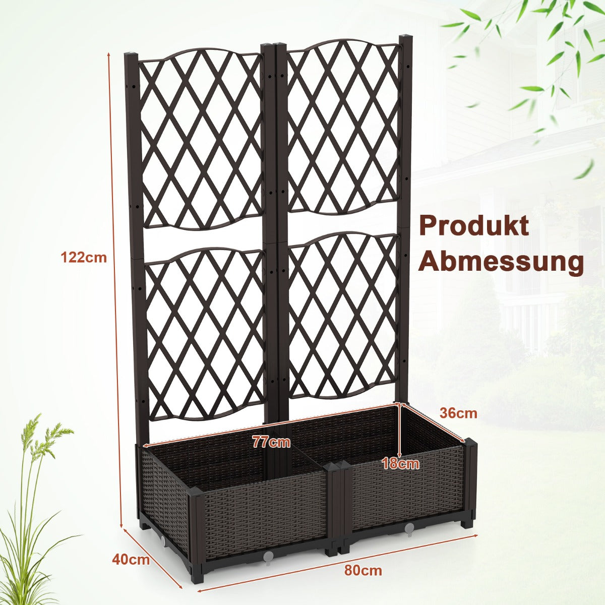 Blomlåda – med spaljé, planteringslåda för klätterväxter, högbädd – 80 x 40 x 122 cm – Brun