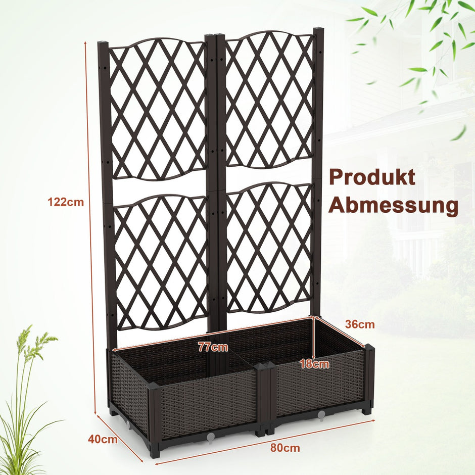 Blomlåda – med spaljé, planteringslåda för klätterväxter, högbädd – 80 x 40 x 122 cm – Brun