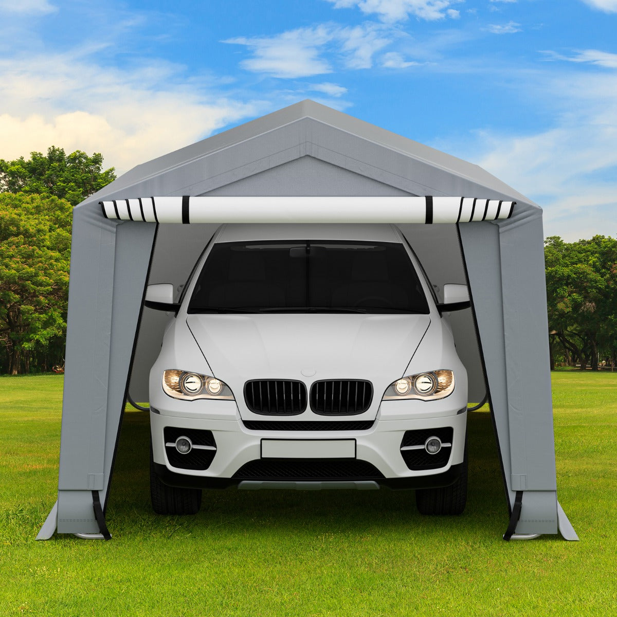 Garagetält – Stort carporttält med dörrar Bilskydd för SUV Båt – 290 x 490 cm – Grå