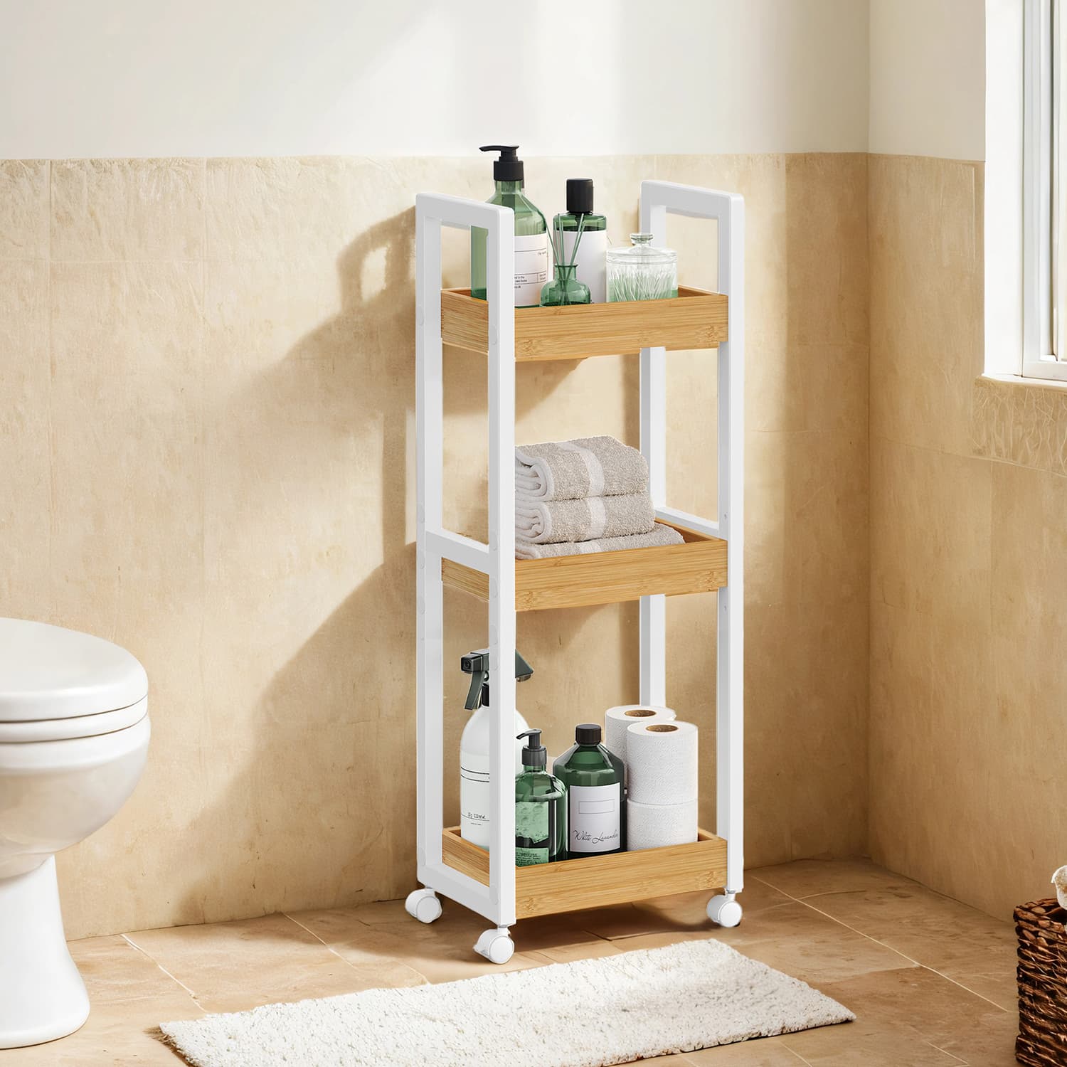 Badkamer trolley – bamboe – wit-natuurlijke kleuren