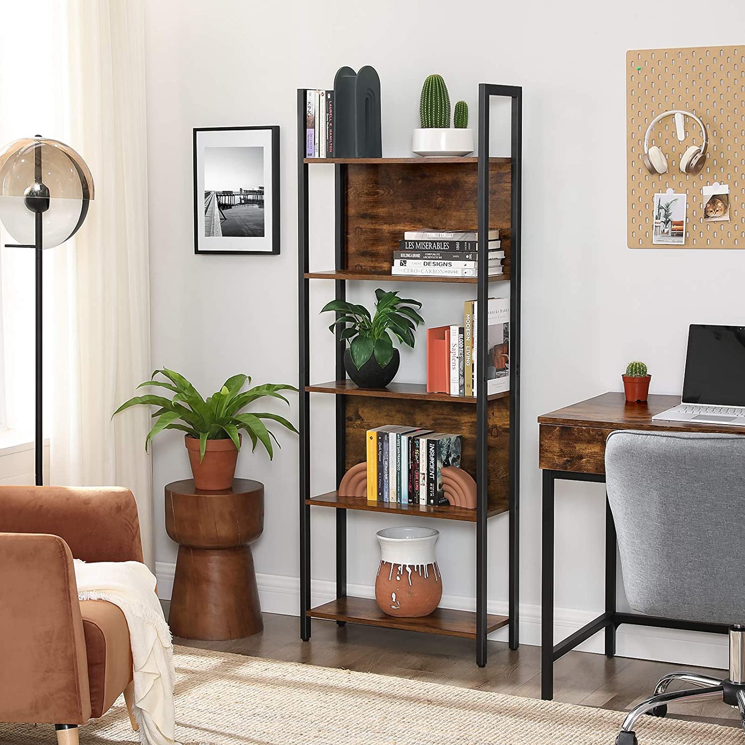 Boekenkast 5 planken – Vintage bruinzwart – 62 x 24 x 165 cm – Met kantelbeveiliging
