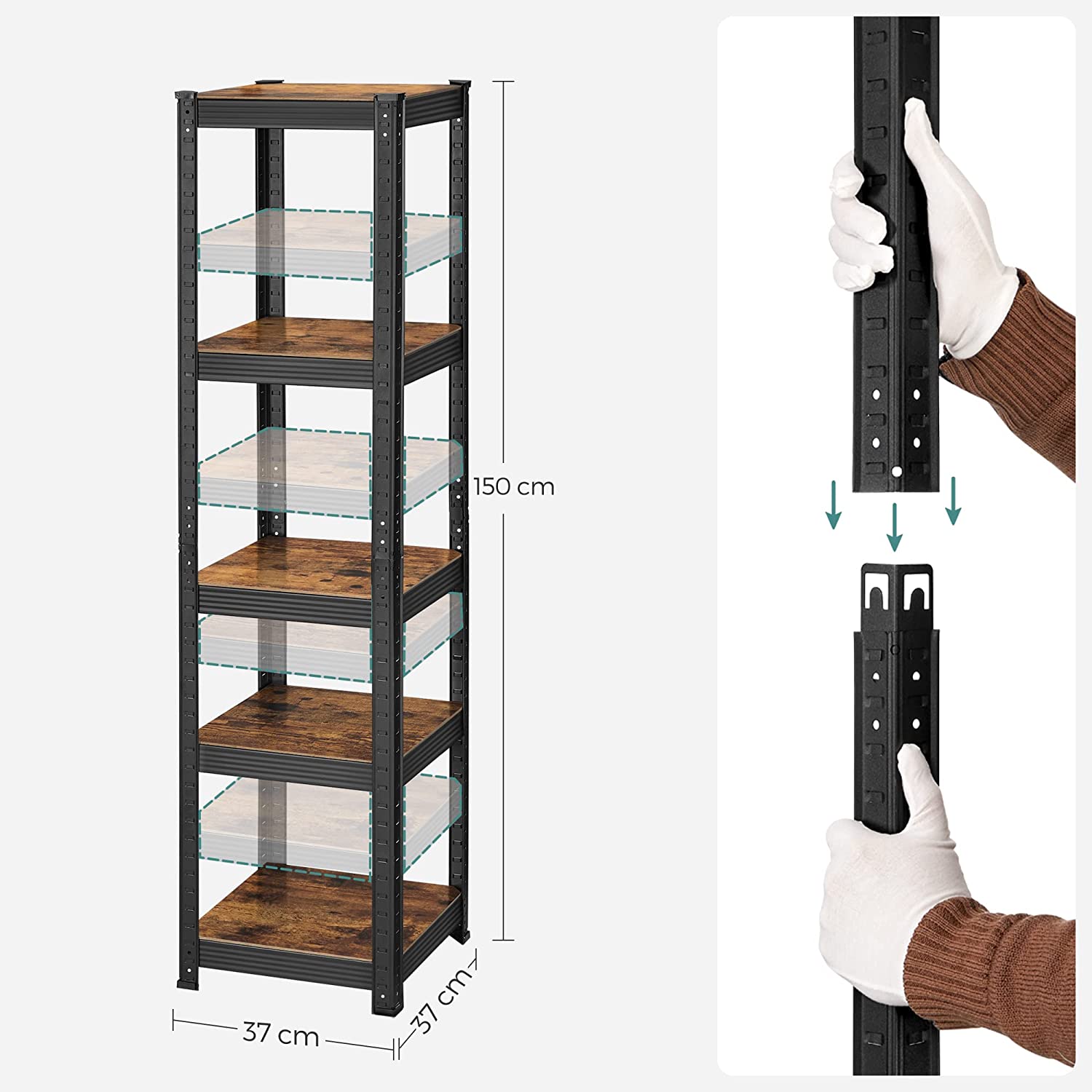 Opbergrekken – Set van 2 – 5 planken – Vintage bruin-zwart