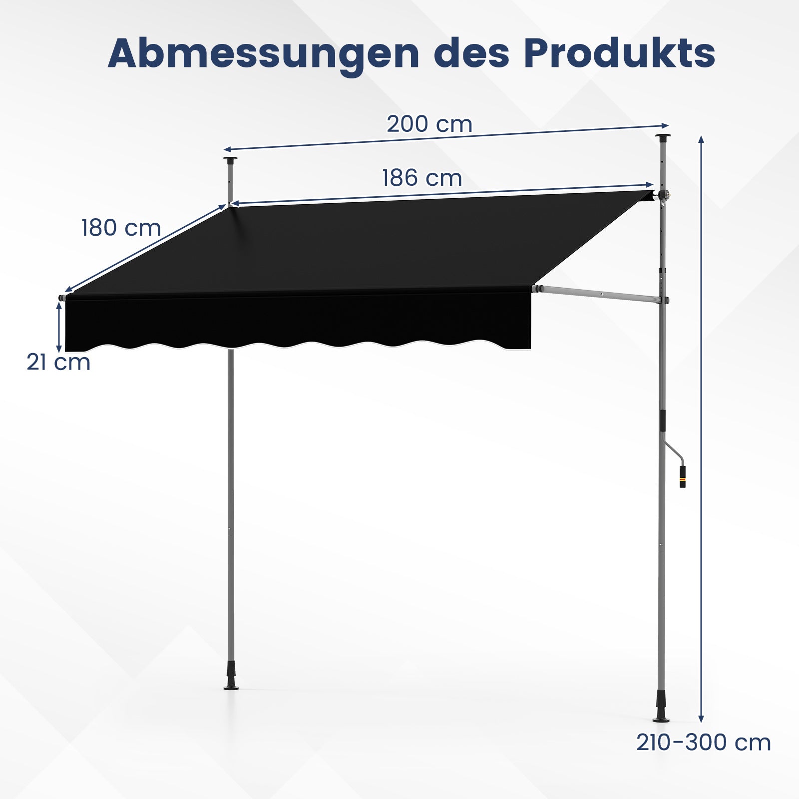 Klemmmarkis – balkongmarkis utan borrning med handvev höjdjusterbar och UV beständig – 200 cm – Svart