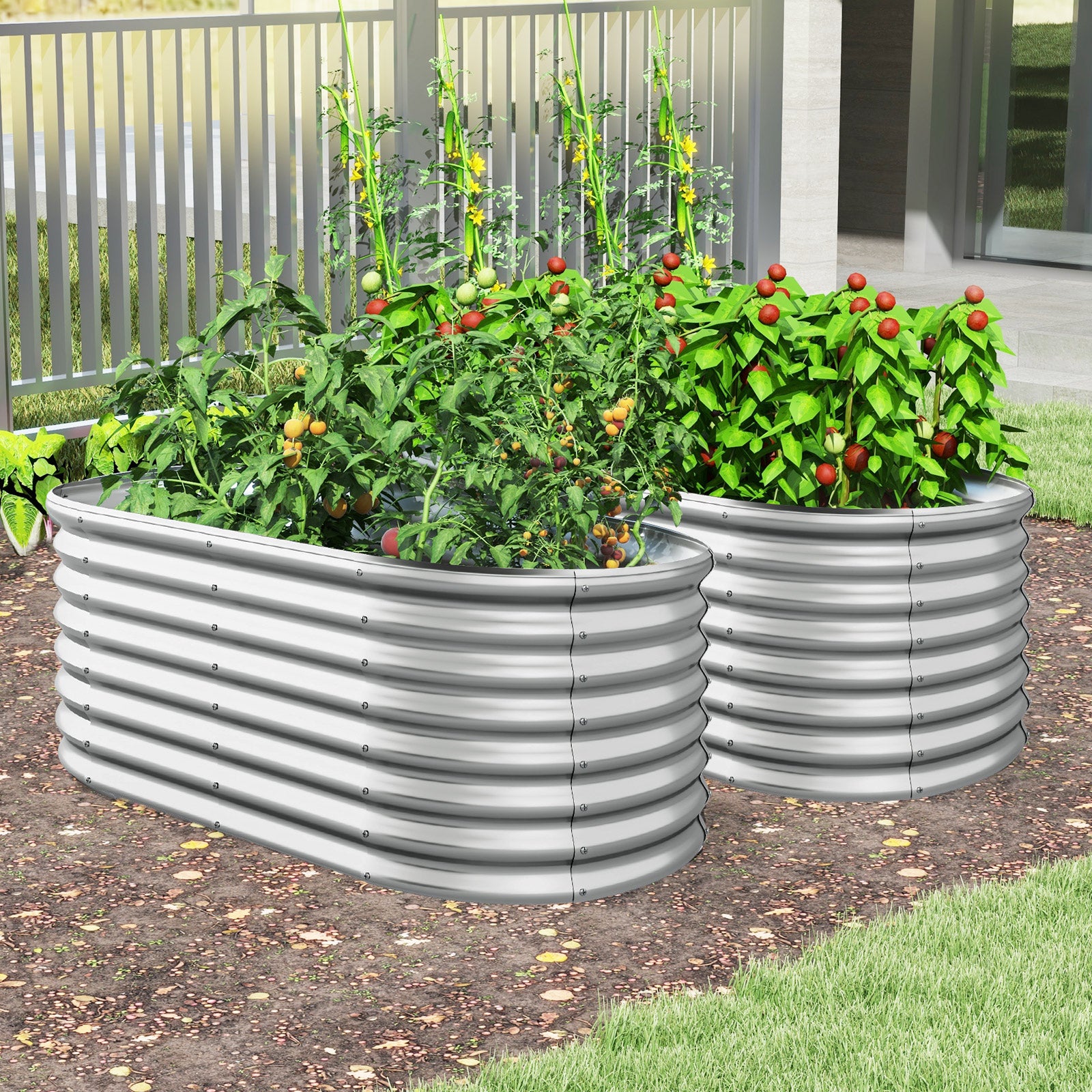 Metall – Oval Höjdodling med Öppen Botten Planteringslåda Förkultivering Wellpapp Blomrabatt – Silver
