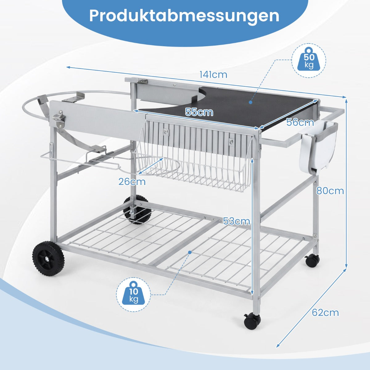 Grillvagn – med hjul, stor arbetsplatta, kryddhylla och papperskorg sidovagn grillbord – 4 – Svart