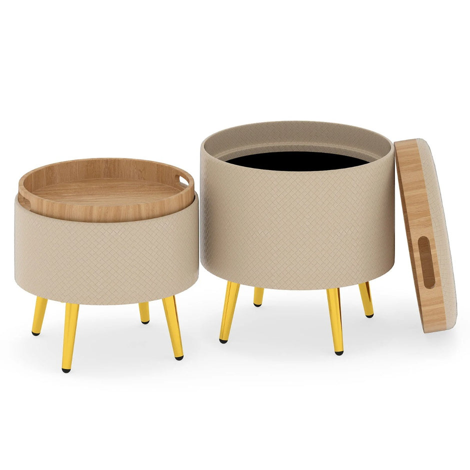 pack – ottoman med förvaringsutrymme, konstläder, rund fotpall fällbara brickor – 2 – Beige