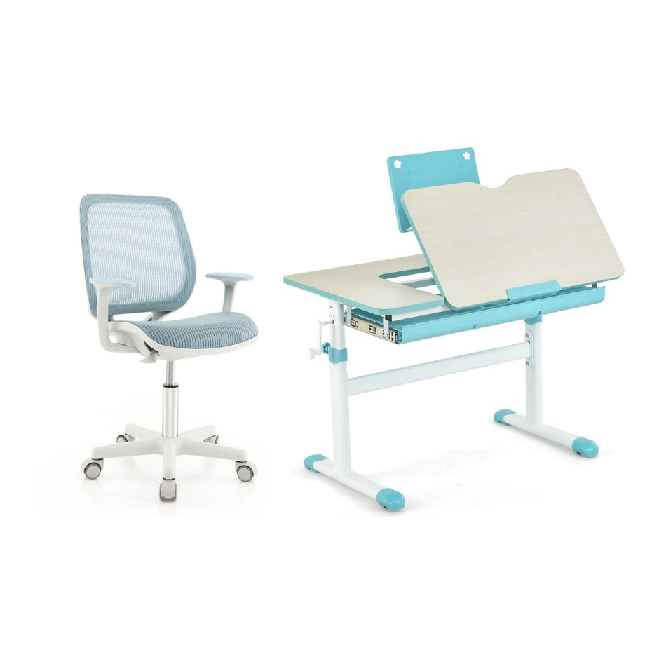 Höjjusterbart – barnskrivbord + barnroterbar stol set, blått. – Blå