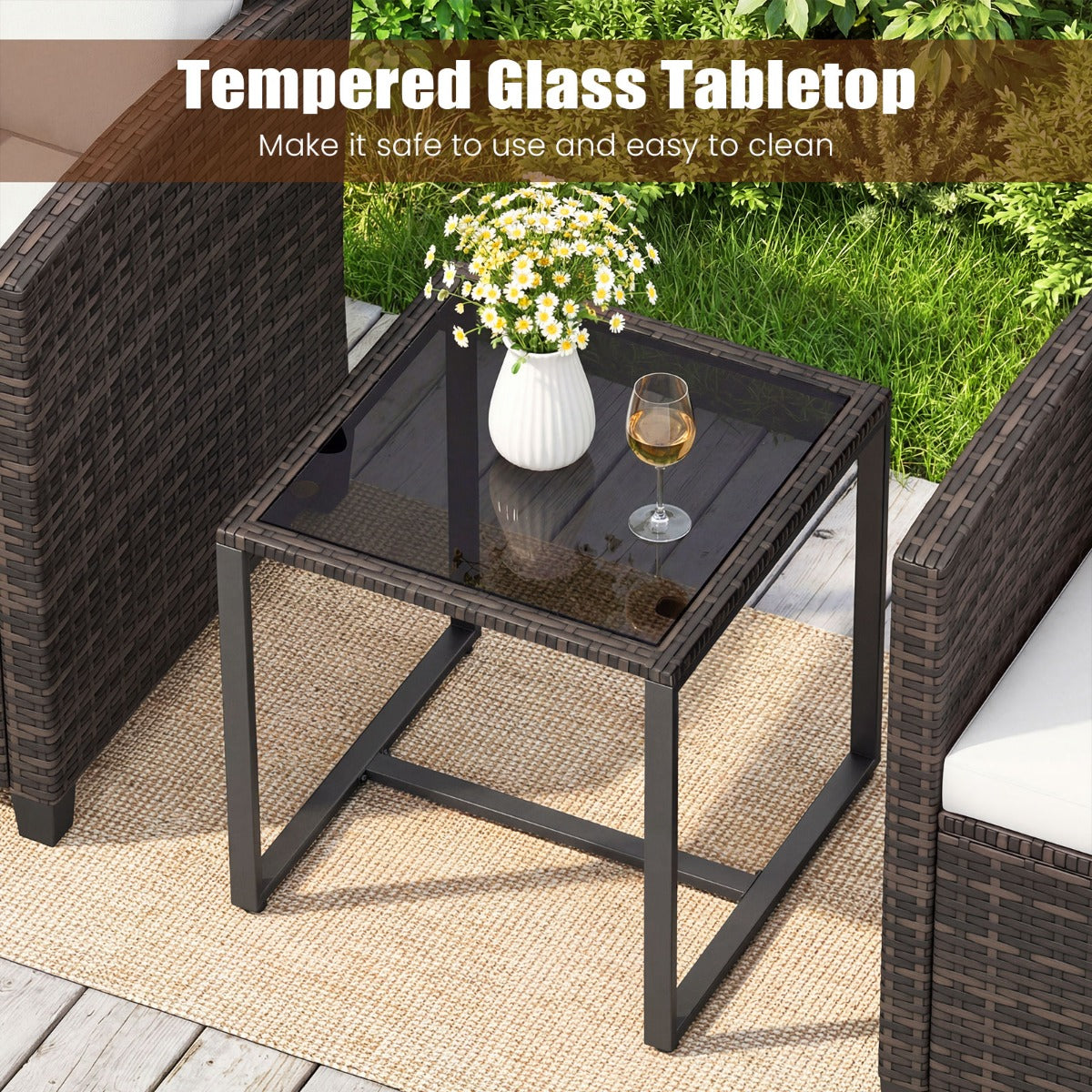 Rattan – Balkongset inkl. stolar med kuddar och glasbordUtomhus sittgrupp Balkongmöbler – 2 – Beige