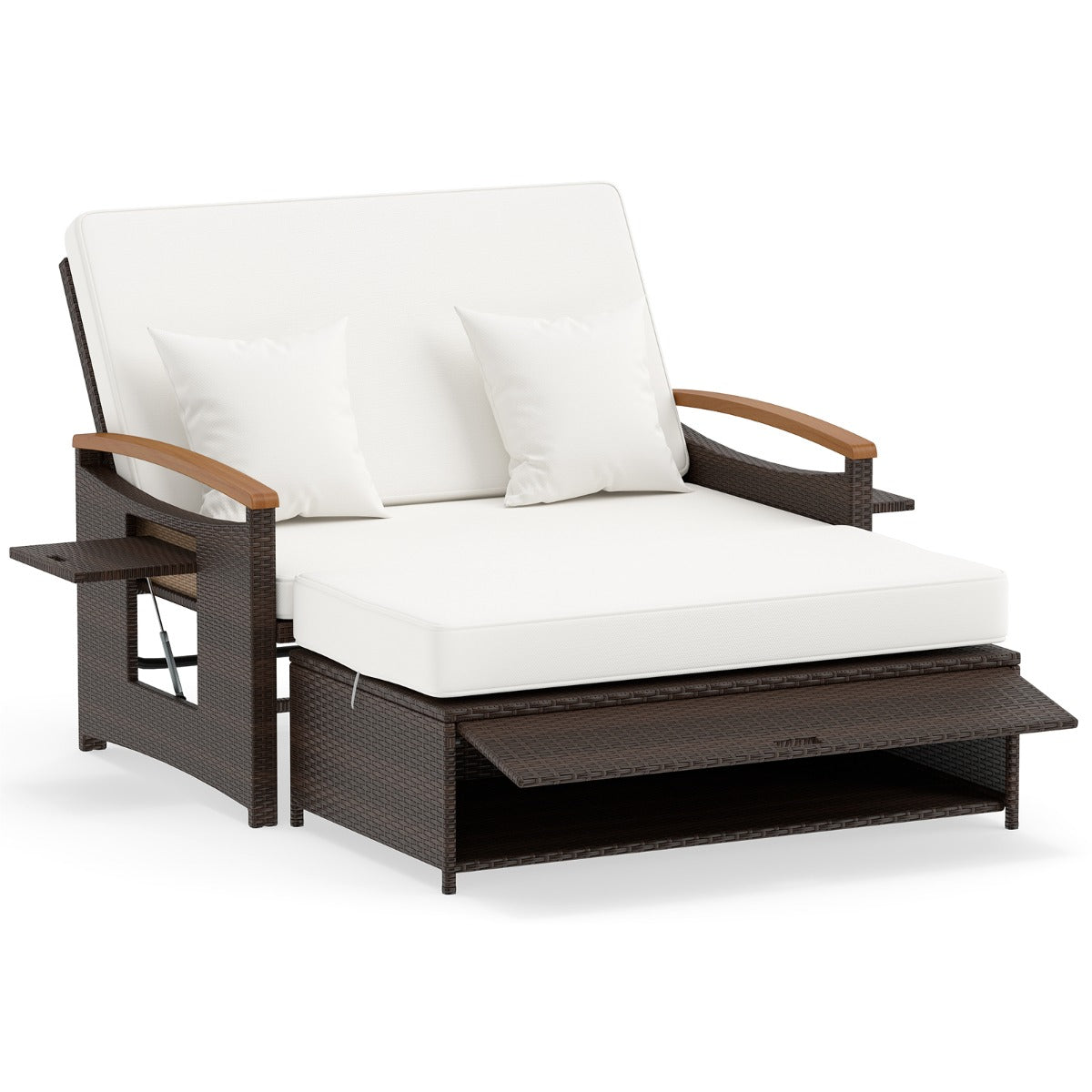 i – Rattan Lounge Möbelset Dubbelsäng Dagbänk Trädgårdsoffa sits med pall – 3 1 2 – Vit