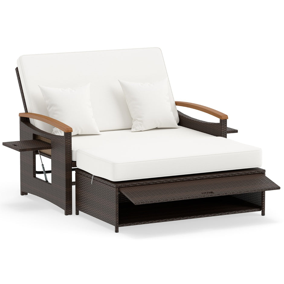 i – Rattan Lounge Möbelset Dubbelsäng Dagbänk Trädgårdsoffa sits med pall – 3 1 2 – Vit