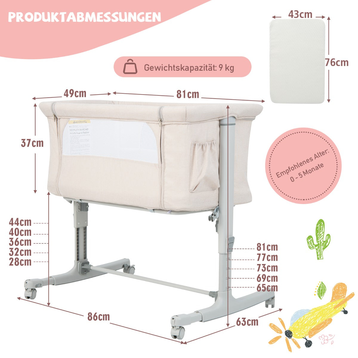 Bärbar – i babyvagga med nivå justerbar höjd och andningsbart meshbeige – 3 1 5 – Beige