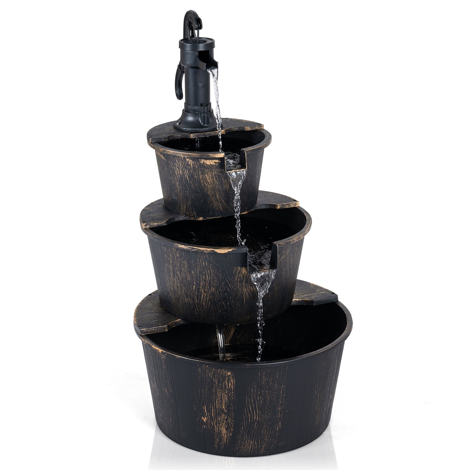 3‑stegs – trädgårdsfontän med pump, realistisk träfatsdesign – 52 x 60 x 92,5 cm