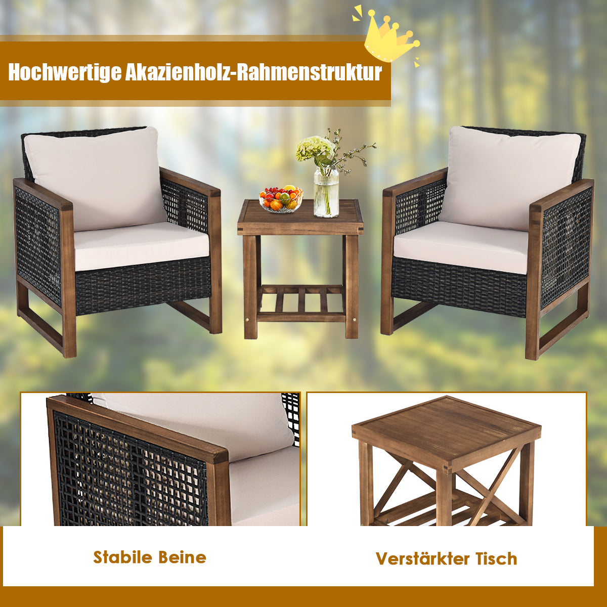 Set – med Trädgårdsmöbler i rotting Polyrattan Lounge tvättbara sittkuddar Uteserveringsset – 3 – Brun