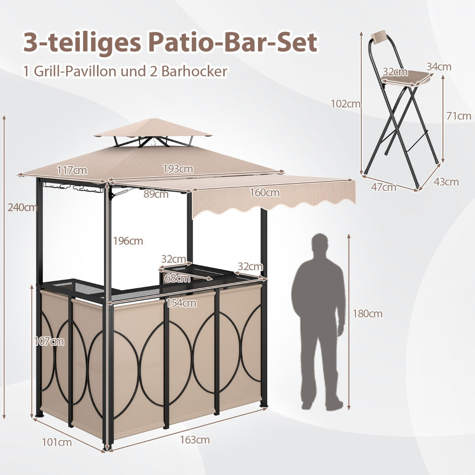 Väderbeständig – grillpaviljong med bar och barstolar, trädgårdspaviljong dubbelt tak markis – 2 – Brun