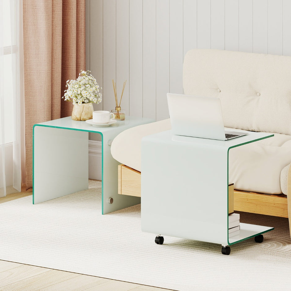 Sidobord – i härdat glas med hjul C formad Nattduksbord Soffbord Kaffebord Vitt – Vit