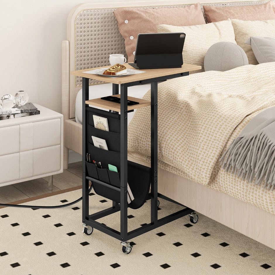 C – formad sidobord med laddstation och utdragbar bordsskiva sidoficka soffbord – Grå