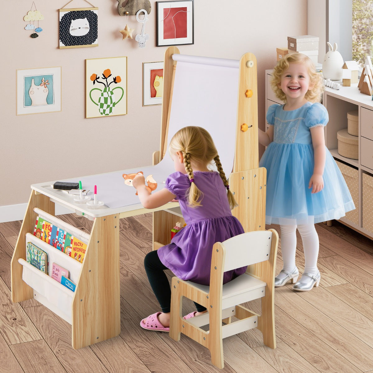 Barnkonstbord – och stol set multifunktionellt barnbord med staffli whiteboard griffeltavla – Natur