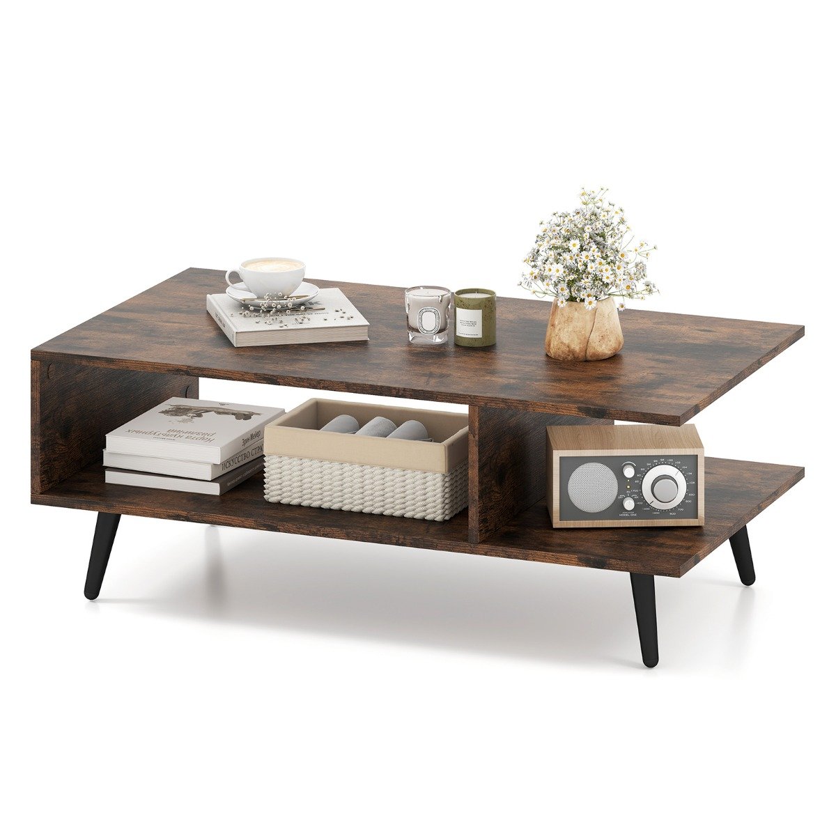 Soffbord – med förvaring nivå vardagsrumsbord öppen hylla och metallben Sido i trä – 2 80 x 45 x 30 cm – Brun