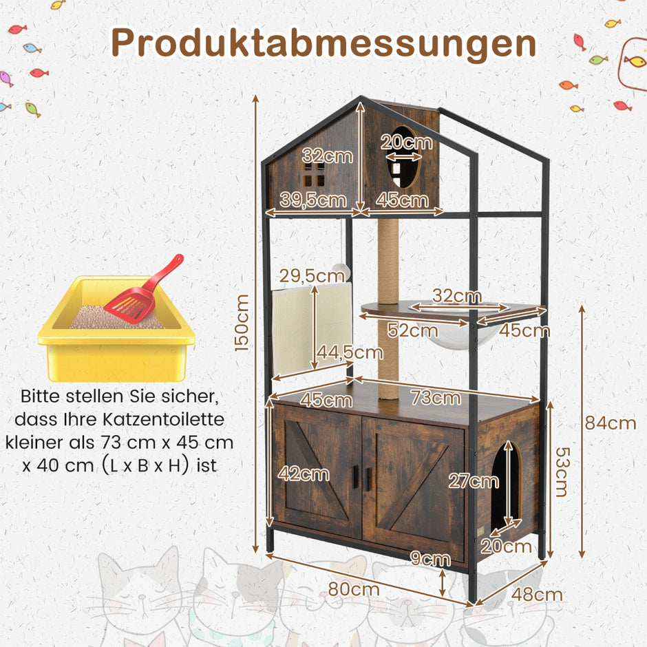 Kratsträd – med kattlåda skåp för katttoalett kattträd katthem – Brun