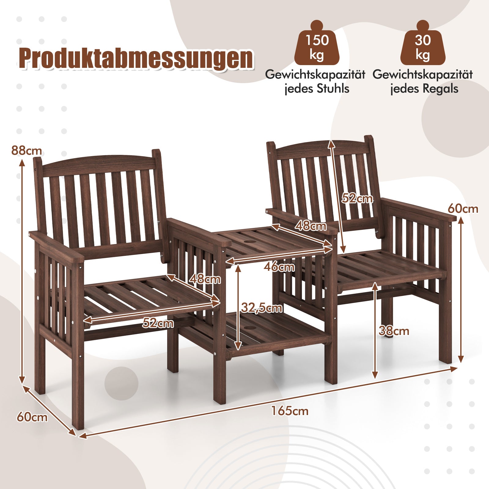 Utomhussoffa – i granträ med stegs sidobord + stort parasollhål sits trädgårdsstol – 2 5 cm 2 – Brun