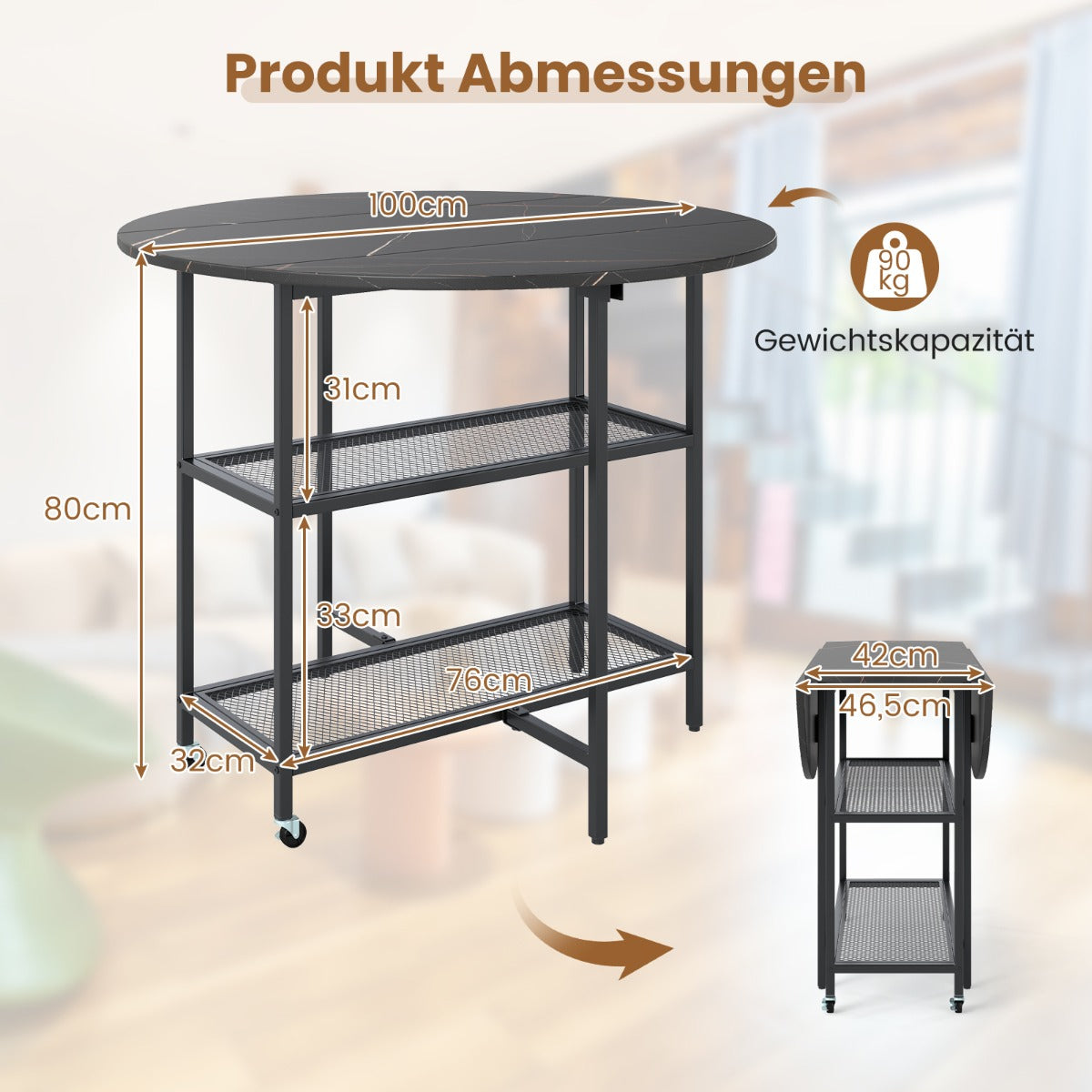 Fällbart – matbord med marmorlook Mobilt fällbord för personer Kökstabel – 4 – Svart