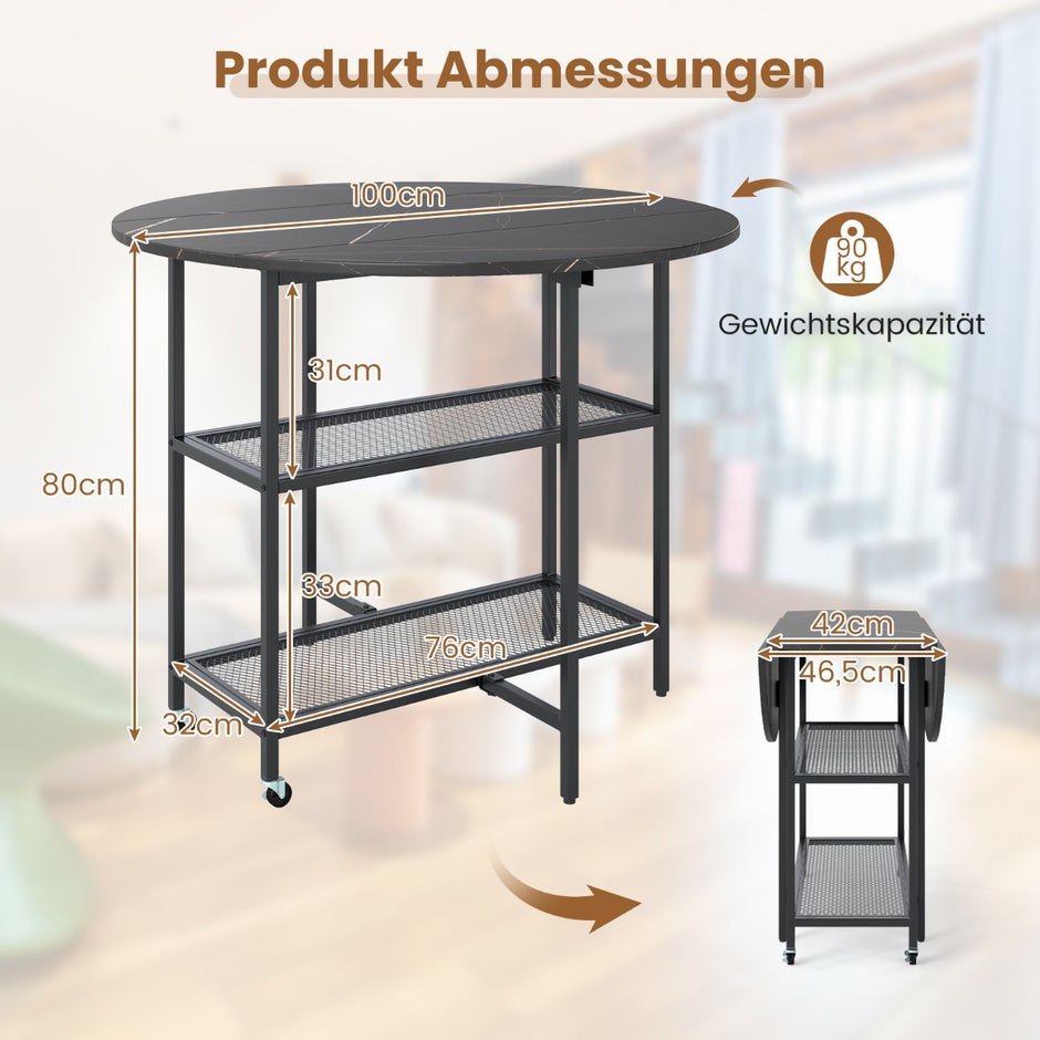 Fällbart – matbord med marmorlook Mobilt fällbord för personer Kökstabel – 4 – Svart