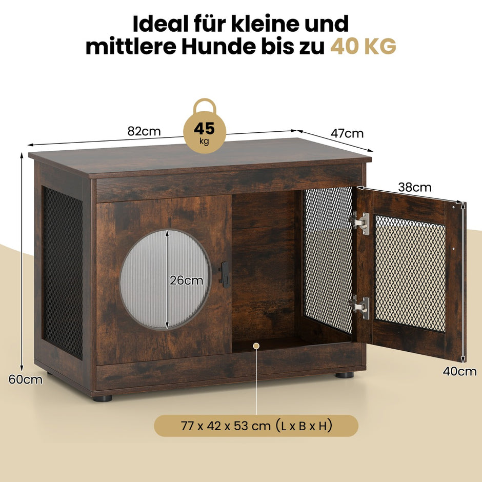 Hundbur – djurbur hundbox i möbelstil med dörr och PC fönster husdjursbur för små medelstora hundar katt – 82 x 47 x 60 cm – Brun